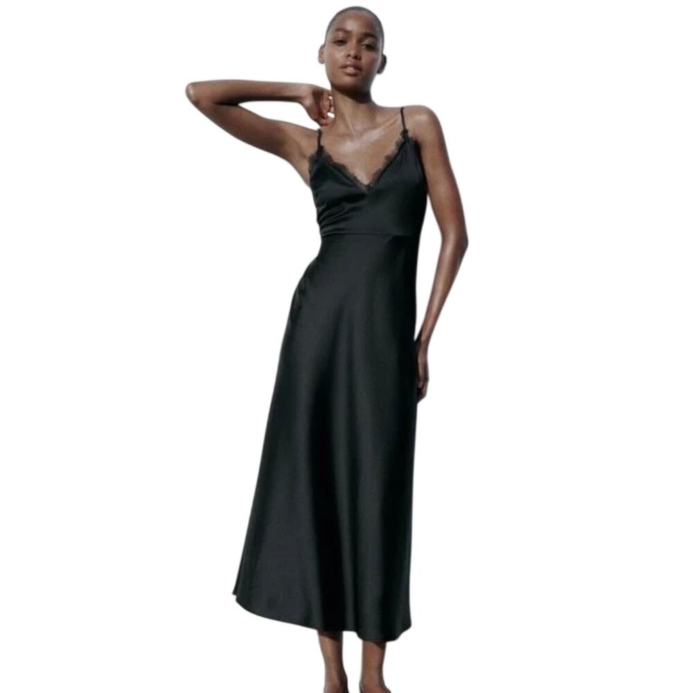 Zara Satin Lace Trim Slip Dress